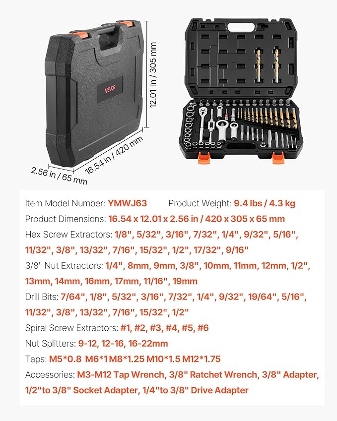 VEVOR 63-Piece Bolt Extractor Kit & Screw Extractor Set, Lug Nut Removal Tool with Left Hand Drill Bit Set, Nut Splitters, Taps & Tap Wrench, Ratchet, Adapters for Removing Rounded, Broken, Stripped