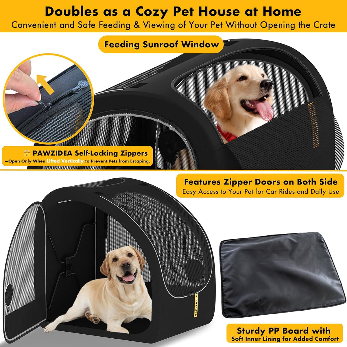 PAWZIDEA Portable Dog Crate for Car Travel, Collapsible Pet Travel Crates for Medium & Large Dogs, Enclosed Soft-Sided Car Kennel Carrier for Backseat, Secures w/Seatbelt & Headrest Strap, Chew-Proof