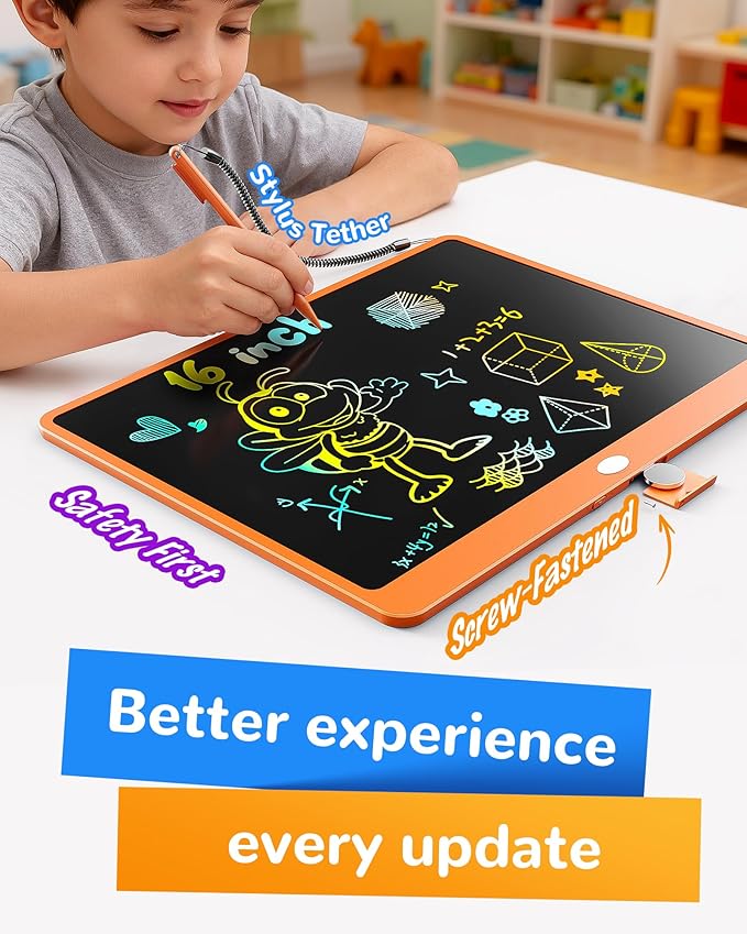 KOKODI LCD Writing Tablet, 16 Inch Colorful Toddler Doodle Board Drawing Tablet, Erasable Reusable Electronic Drawing Pads, Educational and Learning Toy for 3-6 Years Old Boy and Girls(Orange)