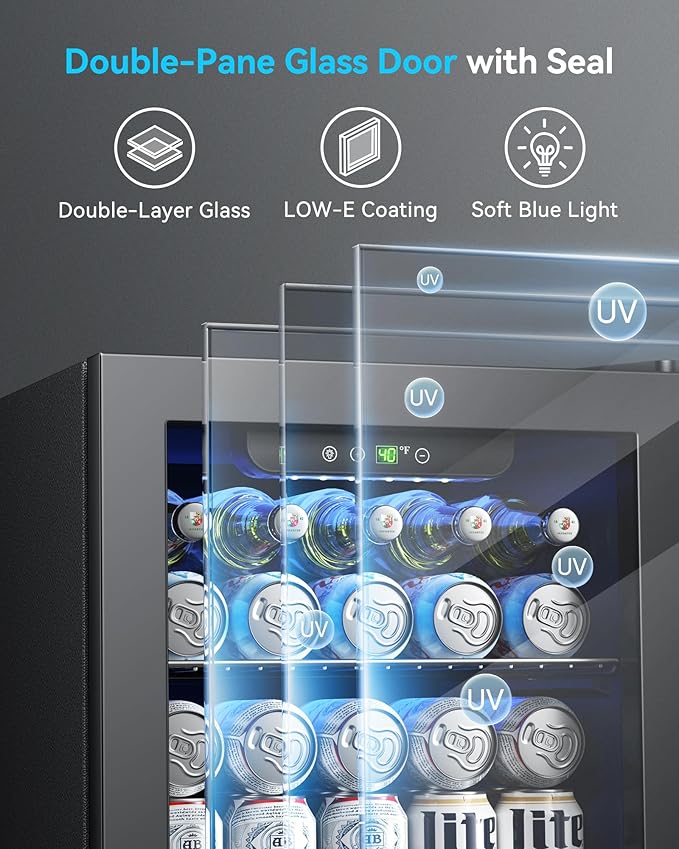 Feelfunn 50 Can Beverage Refrigerator, 1.3CuFt Mini Fridge with Glass Door | 40-61°F, ≤38dB, fast even cooling, removable shelf. For soda, beer, wine, 50 cans or 12 bottles in bedroom, office, dorm