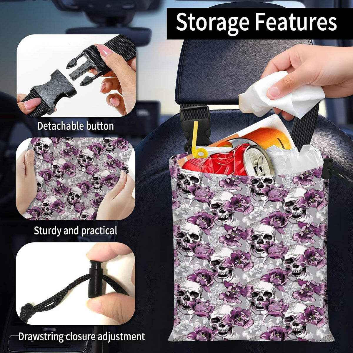 Car Trash Bag Large Hanging Can for Back of Seat, Cute Waterproof Car Garbage Bag for Vehicle, Travelling, Outdoor Purple Flower Skull