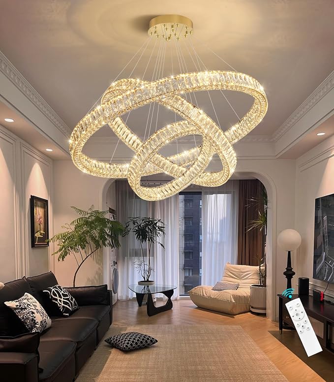 HAIXIANG Large Glam Chandelier Crystal LED 3 Rings Chandeliers Adjustable