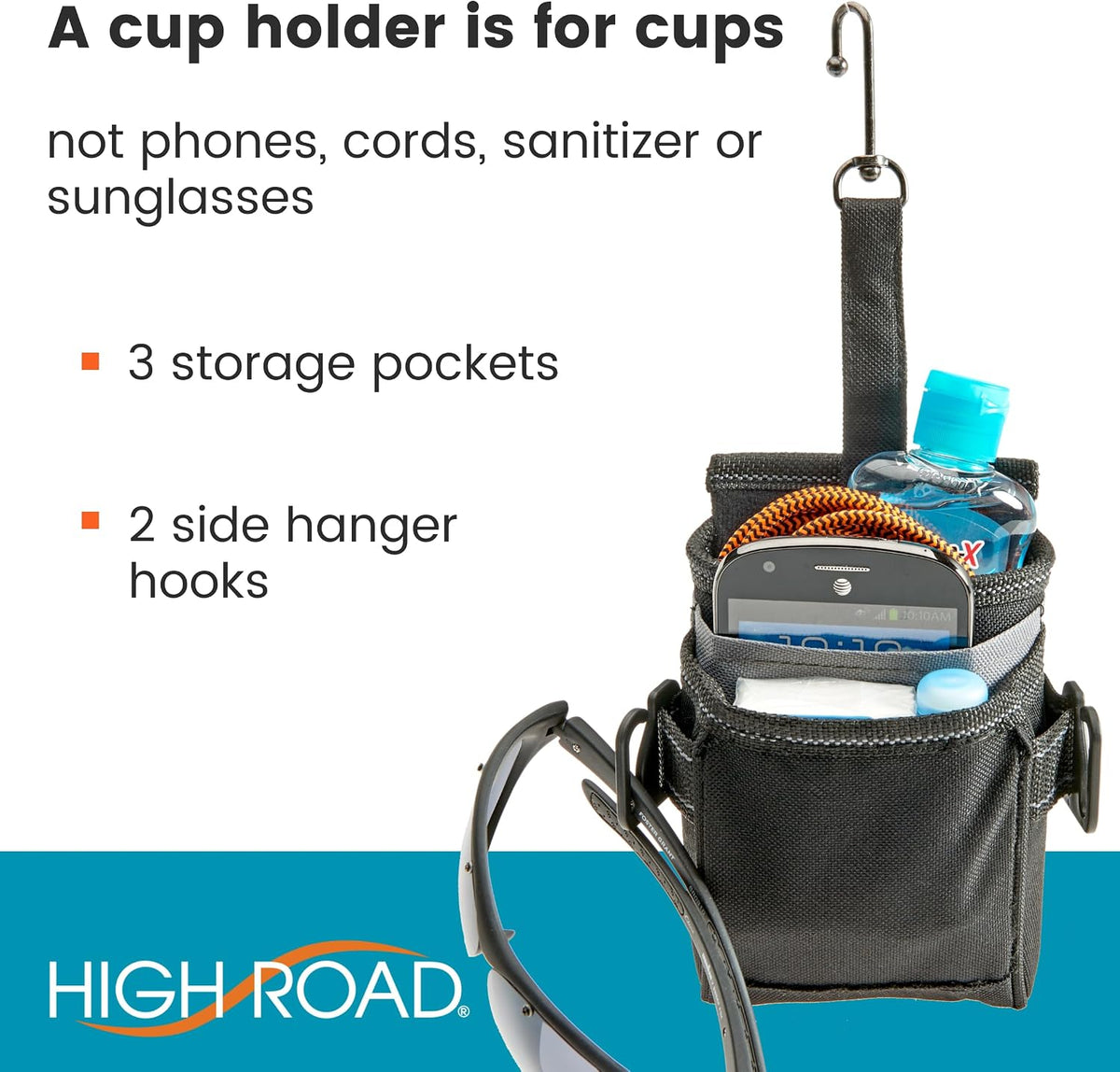High Road DriverPockets Car Pouch - Air Vent Pocket and Vent Cell Phone Holder for Car - Front Seat Organizer with 3 Pockets, Hanging Hooks and Charging Port