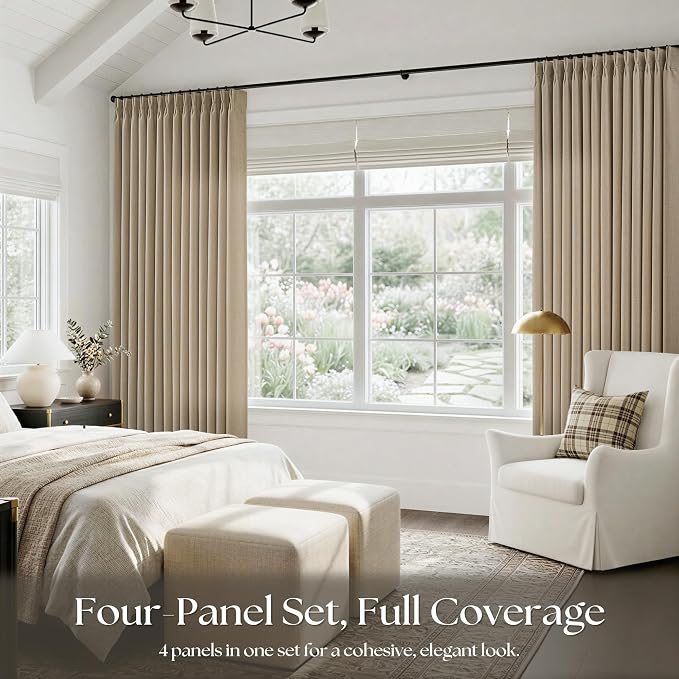 Linen Pinch Pleated Curtains 90 Inches Long 4 Panels Set, Burlywood Birch