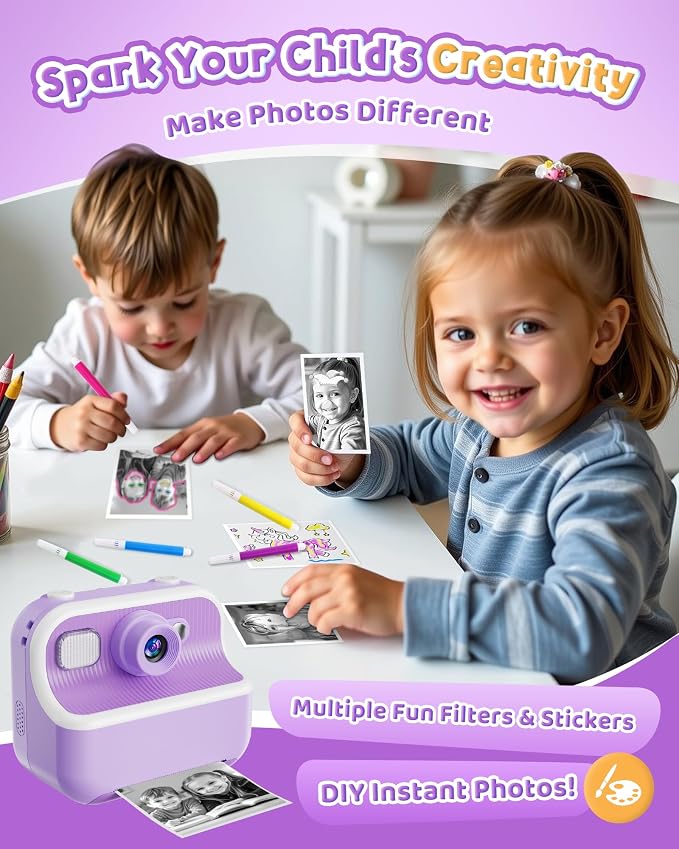 Instant Camera, Front Rear Dual Selfie Kids Camera