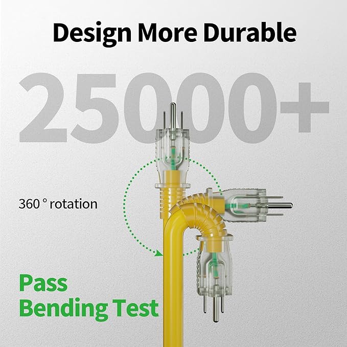 POWGRN 200 ft 12/3 Outdoor Extension Cord Waterproof Heavy Duty with Lighted End 12 Gauge 3 Prong, Flexible Cold-Resistant Long Power Cord Outside, 15Amp 1875W SJTW Yellow ETL Listed