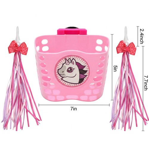 Kids Bike Basket Gift Set, Bike Basket Front Mount with Streamers & Bell, Universal Bike Accessories for Kids – Fits Most Scooters & Bicycles, Pink