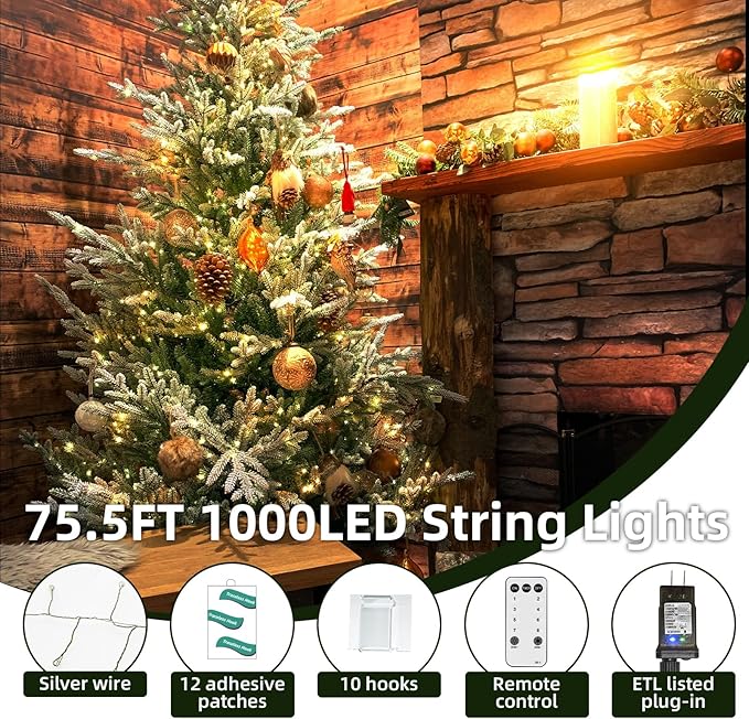 Dailyart Fairy Lights Plug in, 1000 Led Fairy Lights with Remote 75Ft Warm Light with Timer Long Twinkle Light Waterproof String Light for Bedroom Outdoor Indoor Decorative,Green Wire