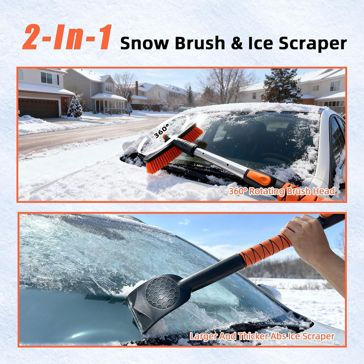 45" Extendable Snow Brush and Ice Scrapers for Car Windshield [360° Rotating Snow Brush Head] Military-Grade Sturdy Ice Scraper for Sedans, SUVs and Trucks Easy Storage Orange
