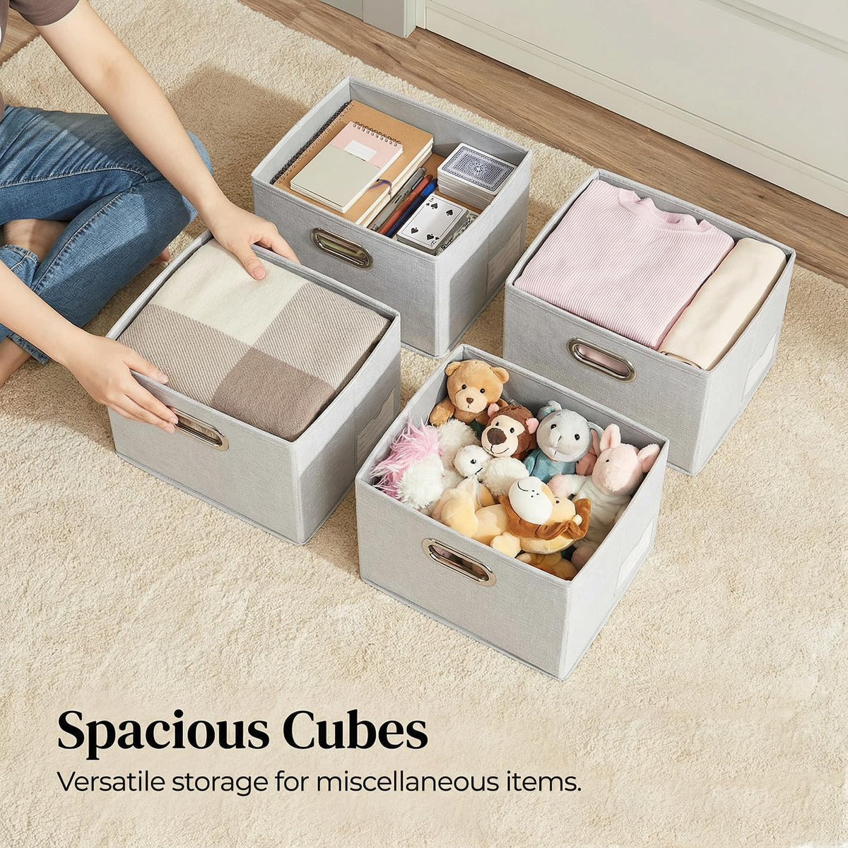 PRANDOM Storage Bins with Lids [3-Pack] Linen Fabric Foldable Storage Boxes Organizer Containers Baskets Cube with Cover for Bedroom Closet Office Beige（11.4X8.6X6.7