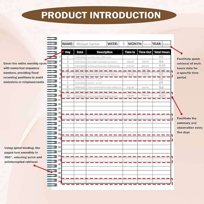 3 Pcs Daily Time Sheet Log Book Spiral 120 Pages 8.5x11 Inch Binder Work Hours