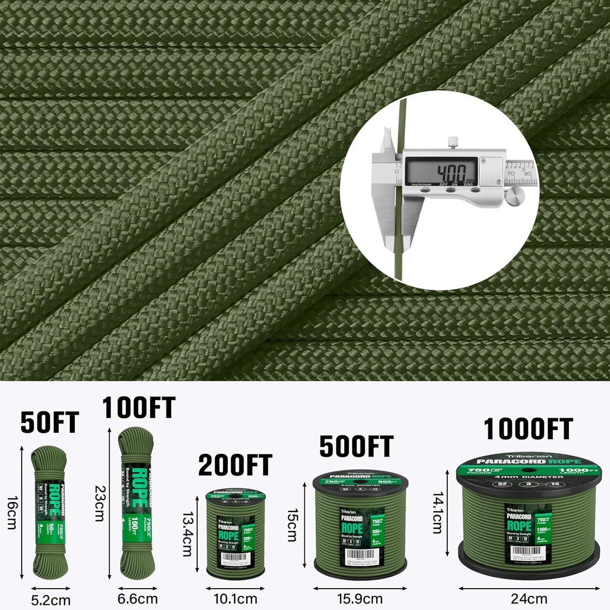 Paracord Rope - 750 lb Heavy Duty 12-Strand Parachute Cord | 1000ft, 500ft, 200ft, 100ft Options for Camping & Survival Gear