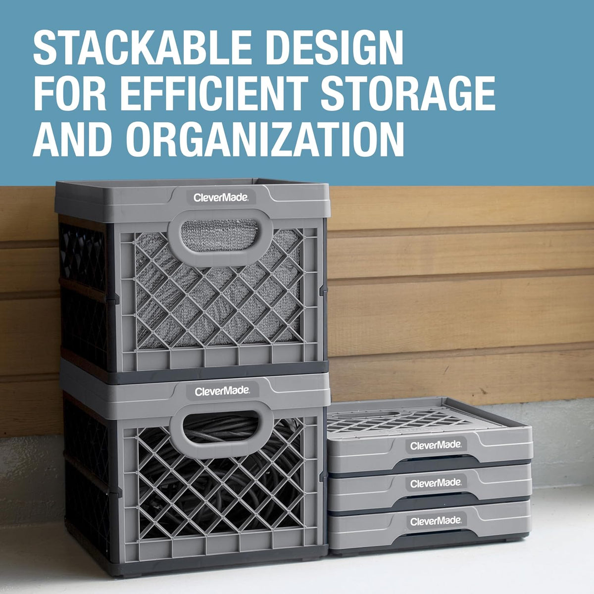 CleverMade Heavy Duty Collapsible Milk Crate, 25L, 3 Pack, 50 lb, Stone | Stackable plastic storage crate with file rails for hanging folders and organizes garages, classrooms, offices and car trunks