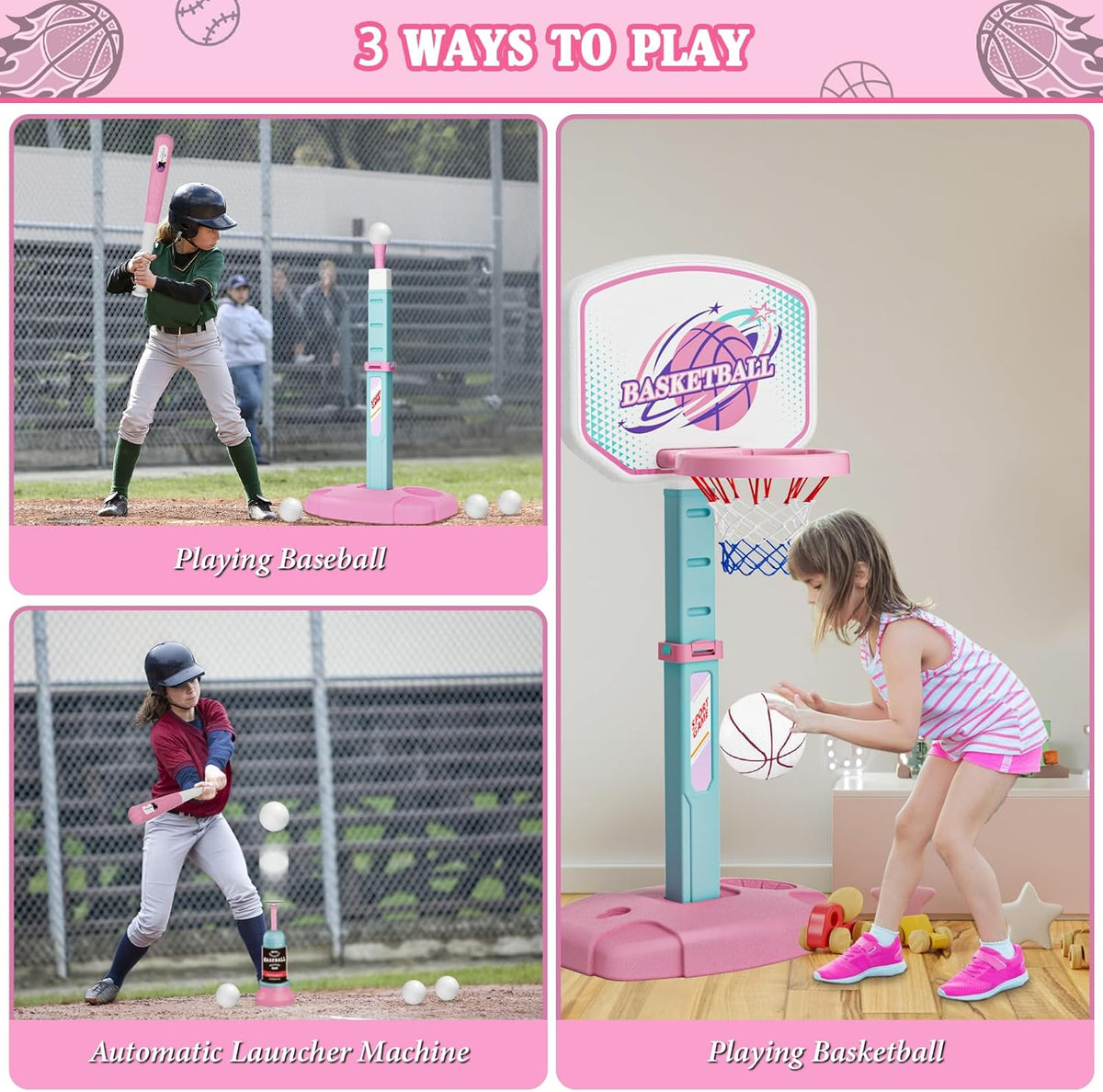 Skiennix 3-in-1 Basketball Hoop & Tee Ball Set - Adjustable Height, Automatic Pitching Machine, Pink | Perfect Outdoor & Indoor Sports Gift for Kids Ages 1-8