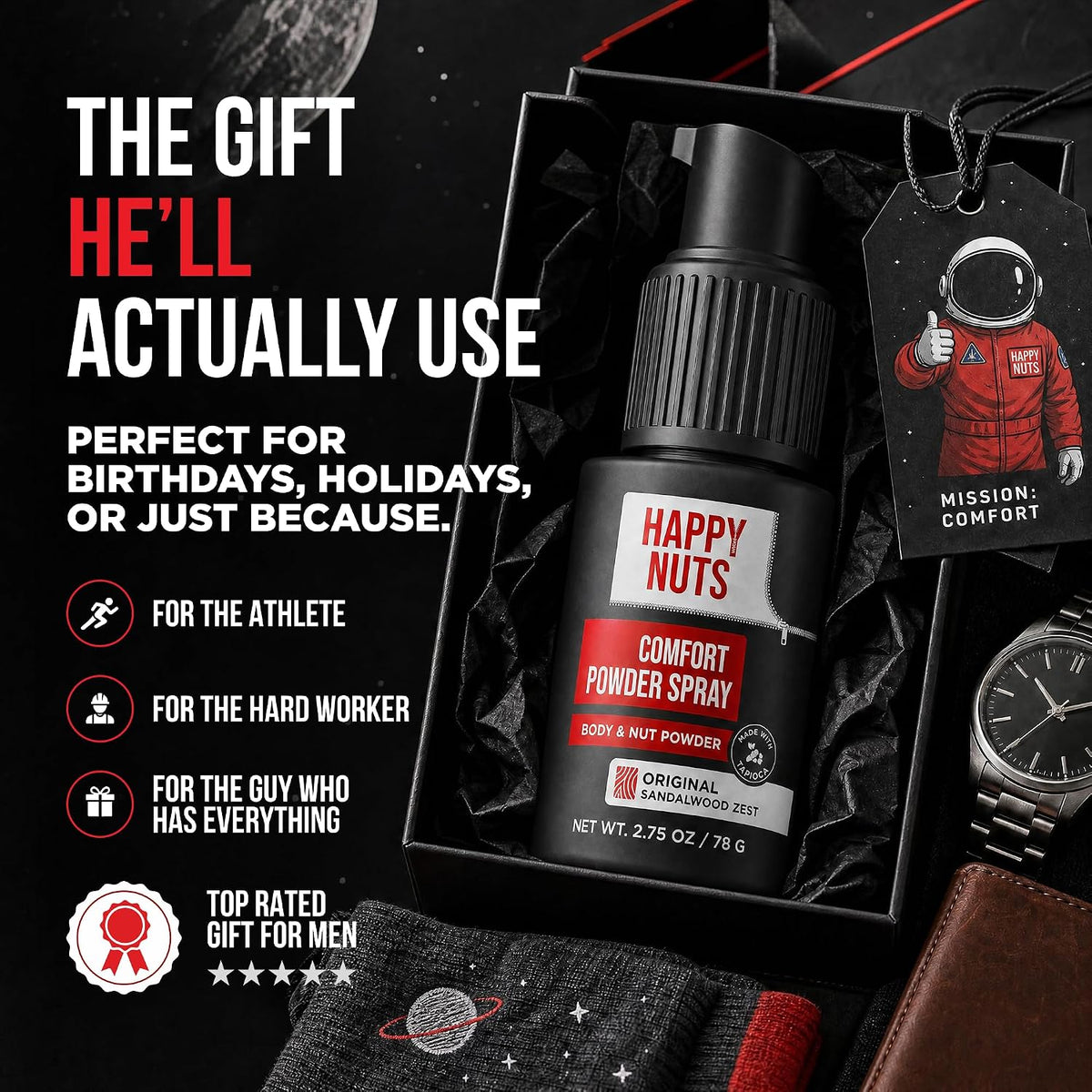 HAPPY NUTS Comfort Powder Spray: Anti Chafing & Mens Deodorant, Aluminum-Free, Sweat and Odor Control for Jock Itch, Groin and Men's Private Parts