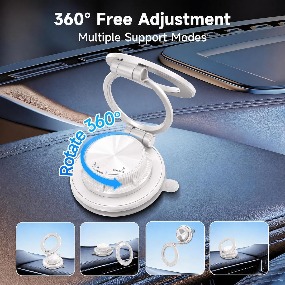 Car Phone Holder, 360° Adjustable Suction Cup Universal Phone Mount, Multi-Scene for Car Office Gym Home, Compatible with iPhone 17/16 Pro Max & Other Magnetic Phones (White)