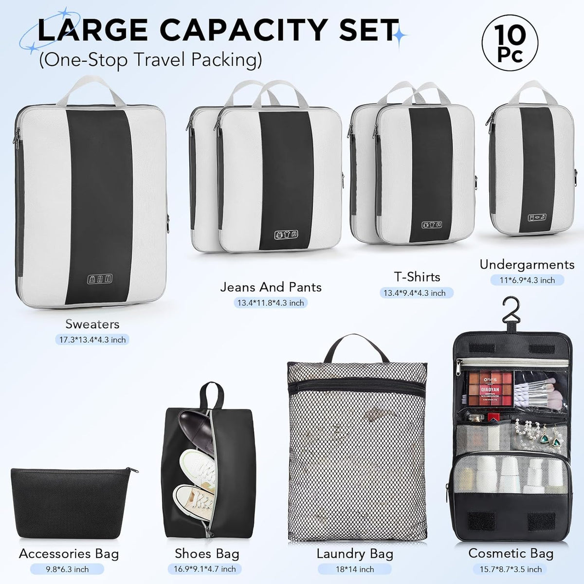 OlarHike Compression Packing Cubes - 10 Set Travel Organizer Bags for Suitcase | Expandable & Compressible (Black)