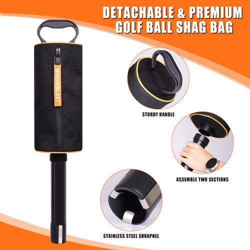 BIRDIEBLAST Portable Shag Bag Golf Ball Pick Up with Removable Plastic Tube, Hold up to 70 Balls，Premium Golf Ball Retriever for Golfers (Orange)