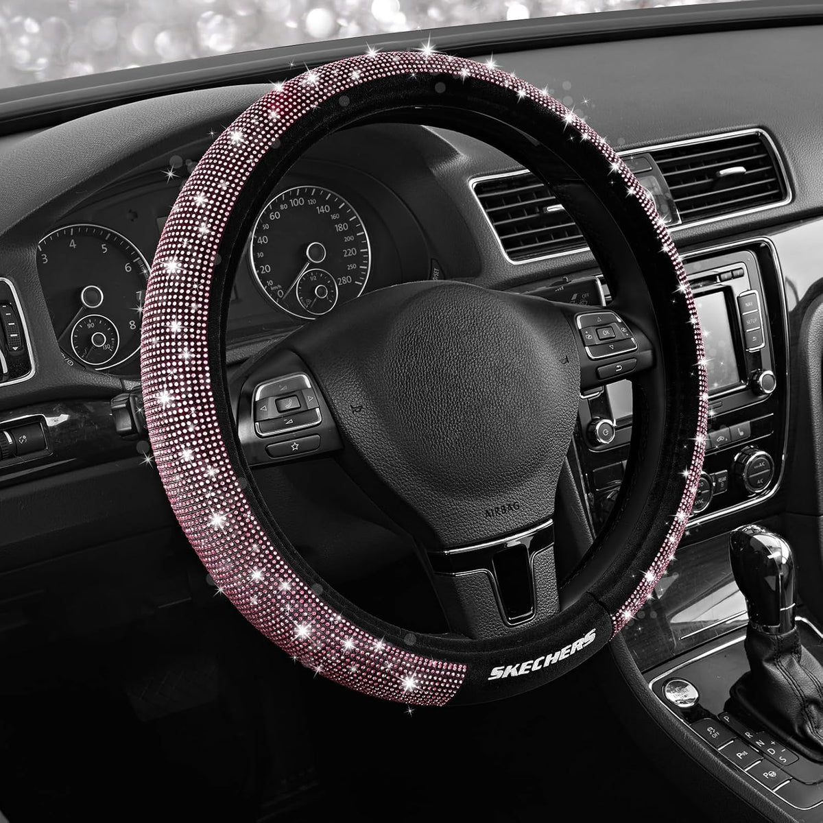 Skechers Women’s Bling Steering Wheel Cover, Velvet with Sparkly Crystal Rhinestones, Stylish Car Interior Gift, Universal Fit 14" 1/2-15" for Cars, SUVs, Trucks, Black Diamond