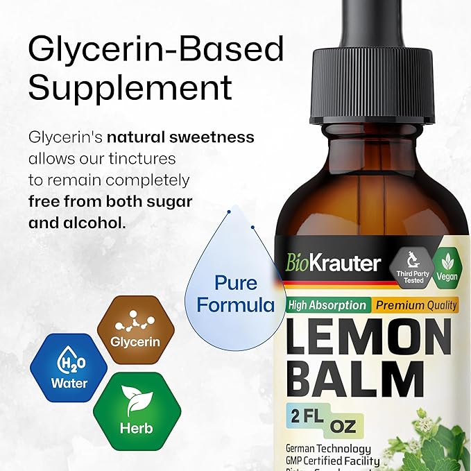 BIO KRAUTER Lemon Balm Leaf Extract - Vegan Melissa Lemon Balm Tincture for Calmness Support - Sugar & Alcohol-Free - 2 Fl. Oz.