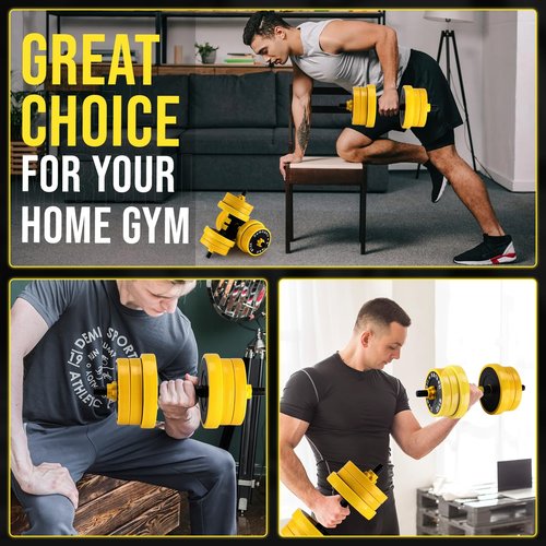 2-In-1 Adjustable Dumbbell Set 33 Lb, Adjustable Weights Used As Dumbbell and Barbell Set, Yellow