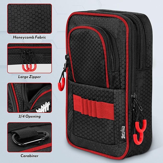 mytag Golf Ball Bag Pouch | Store 12-15 Balls, Golf Valuables Pouch Portable Outfit Organizer Bag Organizer Case Multipocket (Red/Black)