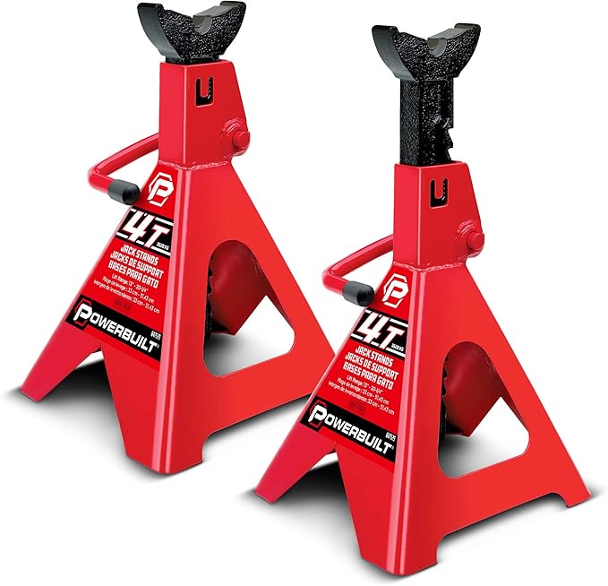 Powerbuilt 4 Ton Ratchet Jack Stands, Wide Stance Stability, Vehicle Car Lifting Range 13-Inches to 20-1/4-Inches (33cm-51cm), 1 Pair (2 Pack) - 647529