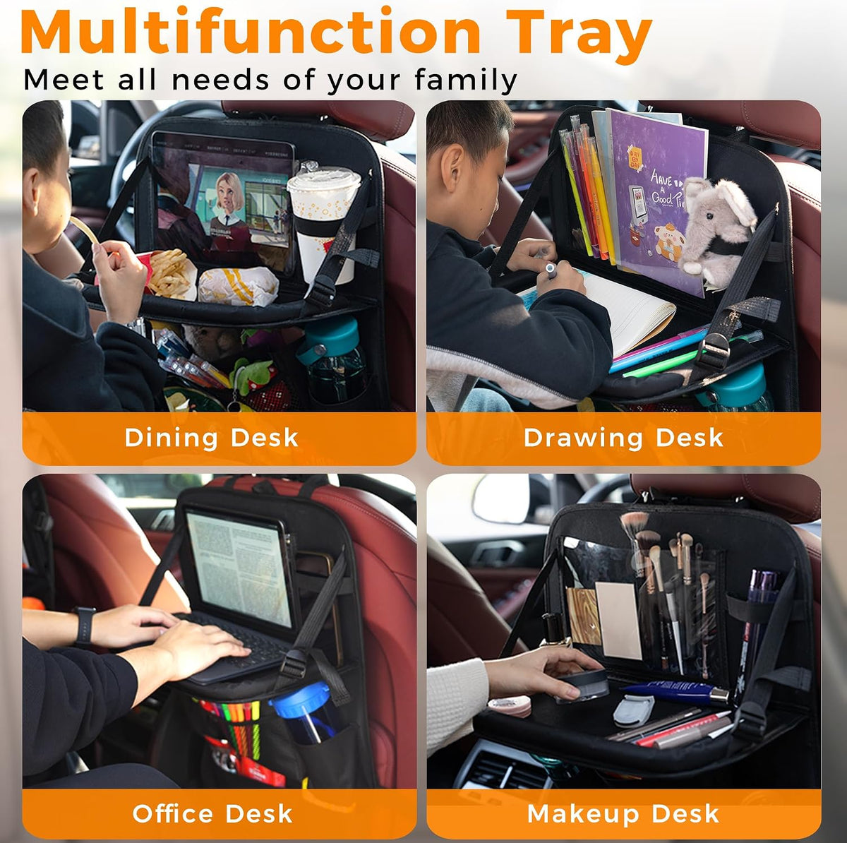 Backseat Car Organizer with Tray, 9 Storage Pockets Back Seat Protector with Foldable Tablet Holder, Waterproof Back of Seat Kick Mats for Kids Adult, Road Trip Essentials Travel 2 Pack, Black
