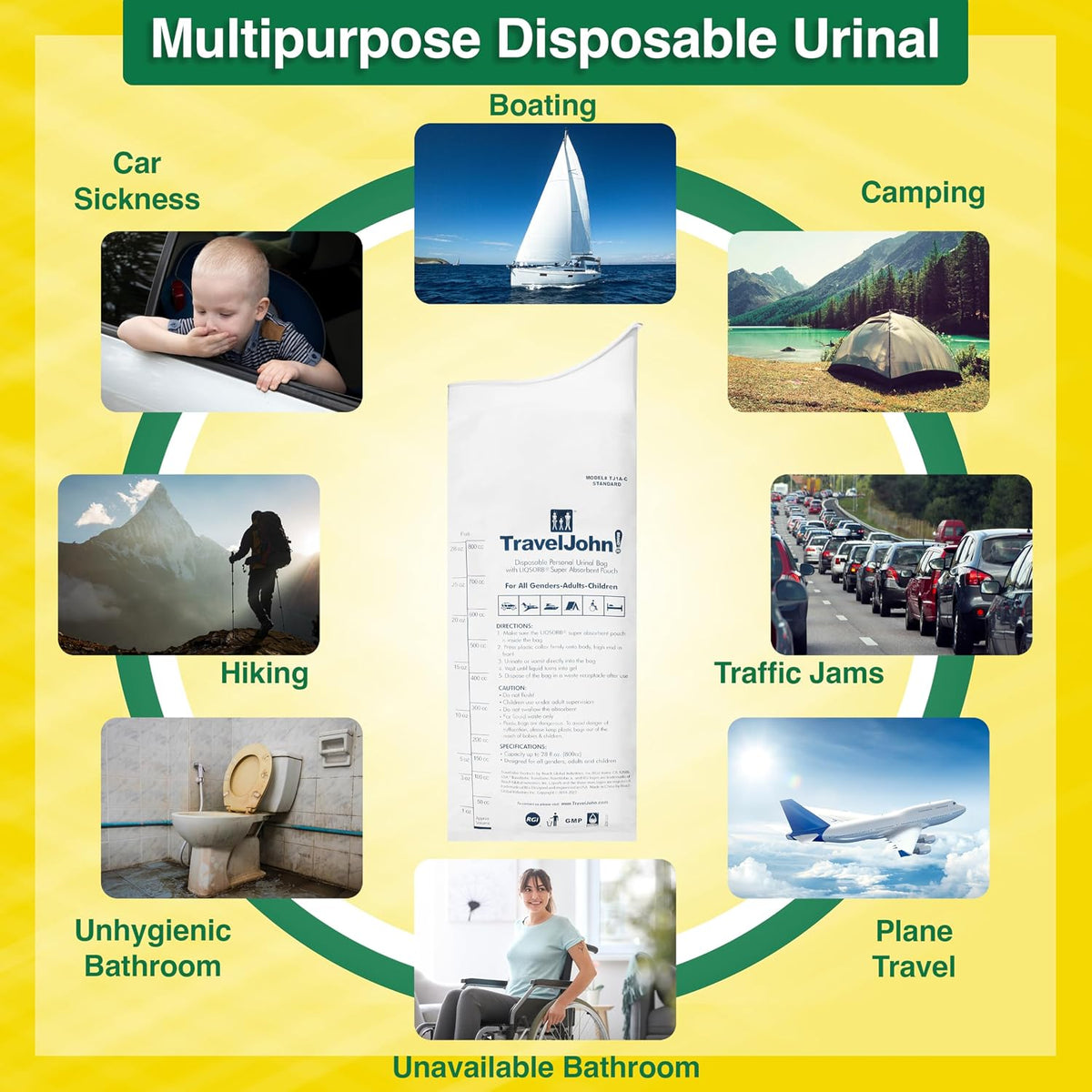TravelJohn Disposable Urinal Bags – Road Trip Essentials for Men, Women & Kids – Odorless Leakproof Portable Urine Bags – Ideal for Camping, Emergencies & Long Car Rides (TJ1A-C)