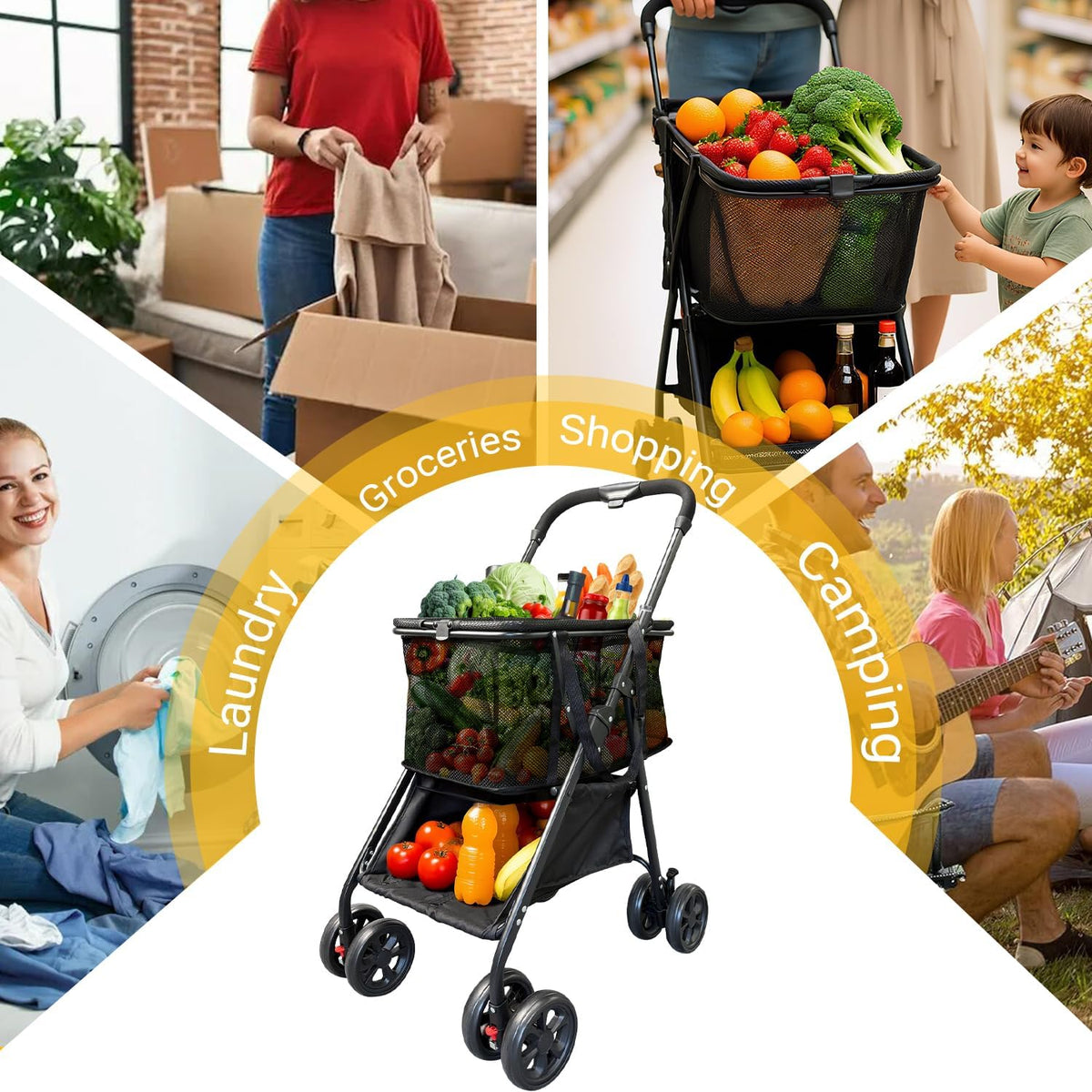 Folding Shopping Cart with Wheels, 80lbs Capacity Shopping Carts for Groceries, Detachable Baskets & 360°Swivel Wheels Collapsible Shopping Carts with Double Basket for Laundry, Camping, Transport