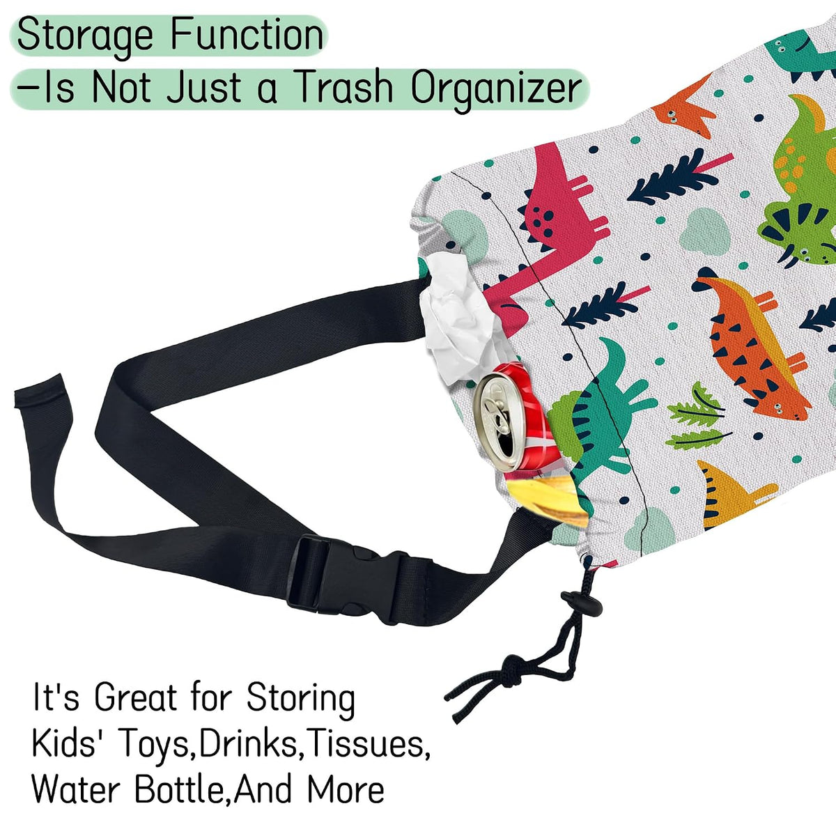 Cartoon Dinosaurs Car Trash Bag,Hanging Drawstring Car Garbage Bag,Waterproof Canvas Car Back Seat Organizer with Adjustable Buckle,for Vehicles,SUVs,Camping,Road Trips