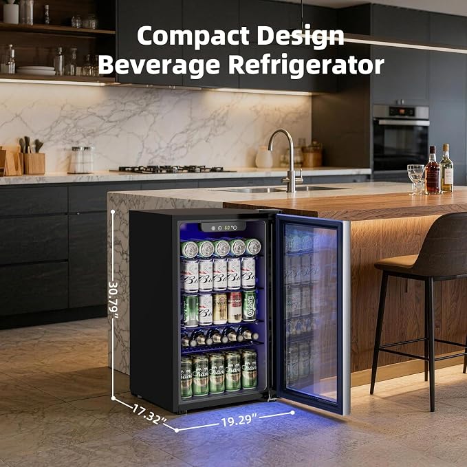 Antarctic Star Mini Fridge -130 Can Beverage Refrigerator for Soda Beer or Wine, Stainless steel door frame, for Office or Bar with Adjustable Removable Shelves, Silver, 3.1 Cu.Ft