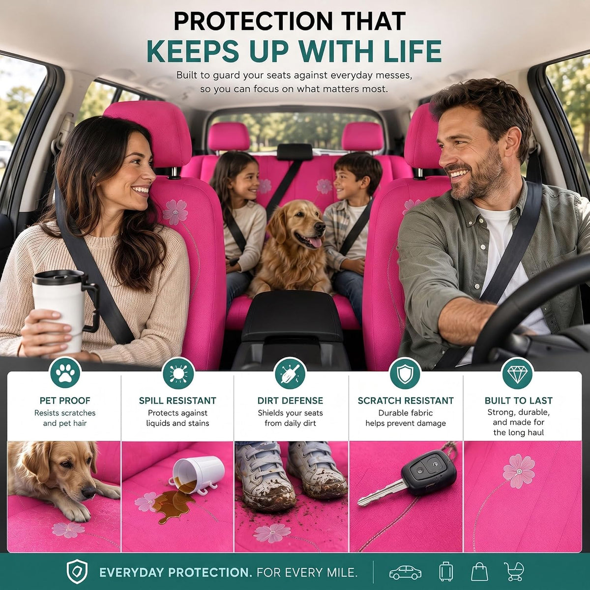 FH Group Full Set Cloth Car Seat Covers - Low Back Front Seat Covers, Universal Fit, Airbag Compatible, Split Bench Rear Seat, Washable Seat Cover for SUV, Sedan, Van, Pink