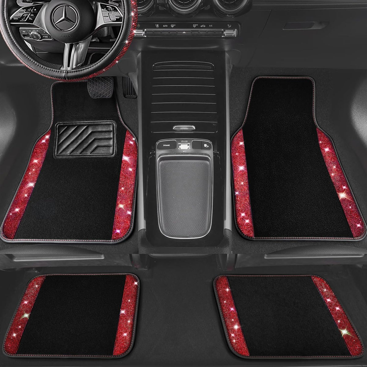 CAR PASS Bling Diamond Leather Steering Wheel Cover 14.5in-15in Floor Mats Shining Rhinestone Carpet Sparkly Glitter Crystal Anti-Slip Pad Fit Automotive SUV Pickup Truck Girl Women, 5pcs Black Red
