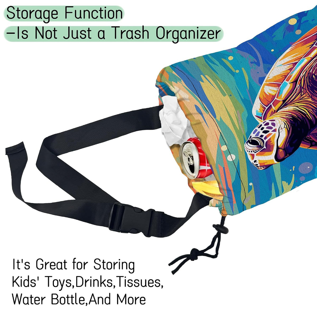 Pop Art Turtle Car Garbage Bag,Waterproof Small Car Trash Bag Hanging Back of Seat,Drawstring Hanging Car Trash Bag with Adjustable Buckle for Car Accessories