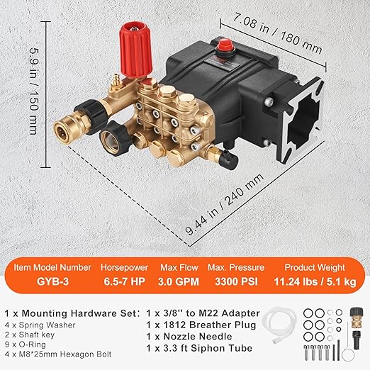 VEVOR Horizontal Triplex Pressure Washer Pump, 3/4" Shaft, 3300 PSI, 3.0 GPM, Replacement Power Washer Pumps Kit, Parts Washer Pump, Compatible with Simpson MorFlex Models 40224, 40225, 40226 etc.