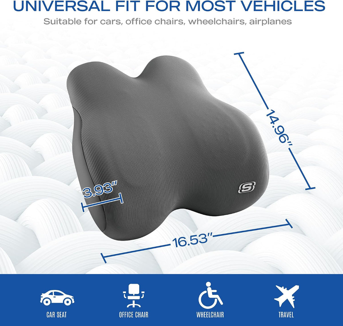 Skechers Memory Foam Lumbar Pillow,Lumbar Support Pillow for Office, Chair Lower Back Pain Relief Lumbar Pillow, Ergonomic Design Back Support Pillow for Office Chair, Car, Home, Travel,Gray