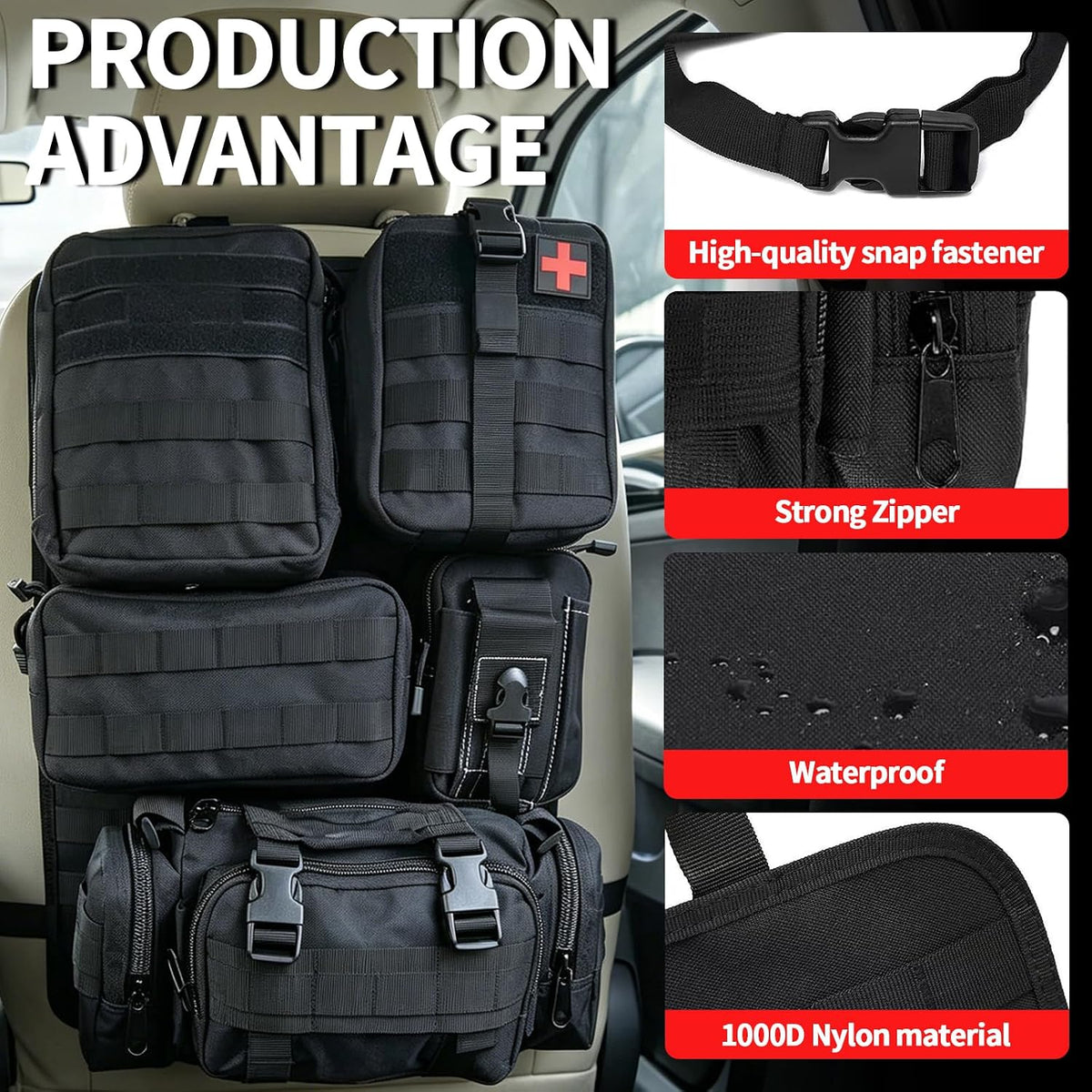 Tactical Car Seat Back Organizer with 5 Detachable Molle Pouches, 600D PU Waterproof Vehicle Seat Back Storage Bag, Universal Fit for Car, SUV, Truck, Pickup, Truck (Black)