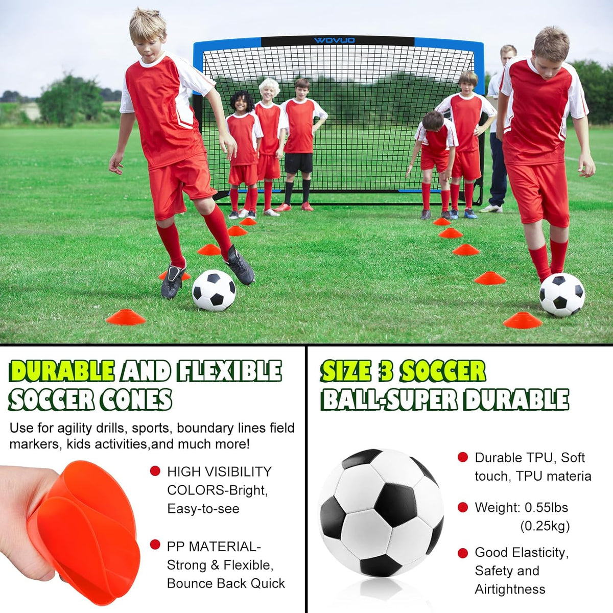 Skiennix Kids Soccer Goals - Portable 6x4 ft Training Set with Target, Ball & Cones for Ages 3-14