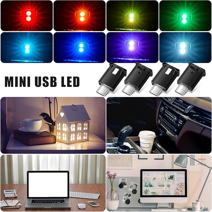 Frienda 2 Pieces Mini USB LED Light, Car LED Interior Lighting 5v Smart USB Atmosphere Light, Laptop Keyboard Office Decoration Night Lamp, Adjustable Brightness, 8 Colors (Type C)