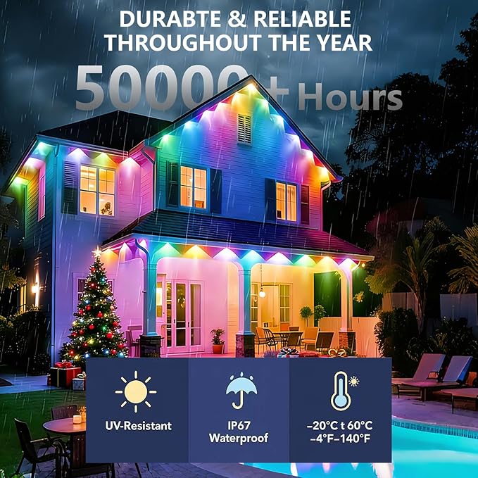 YFL 100ft Permanent Outdoor Lights, Smart RGB LED Eaves Lights with App & Remote Control, IP65 Waterproof, Music Sync & DIY Scenes, 60 LED Dreamcolor String Lights for Christmas, House & Patio Decor