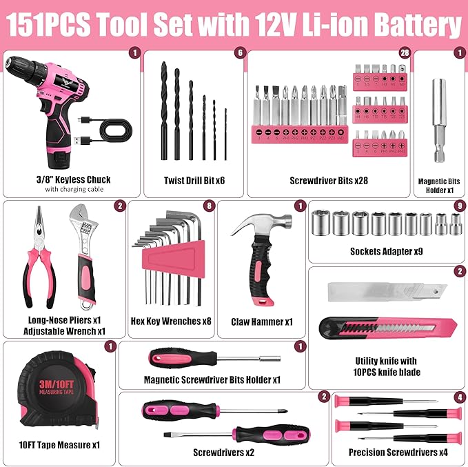 JENABOM Pink Tool Set - 12V Cordless Drill Kit, 151 Piece Home Tool Set With Power Drill, Tool Kits for Men & Women, Perfect for Homeowner, Diyer, Handyman