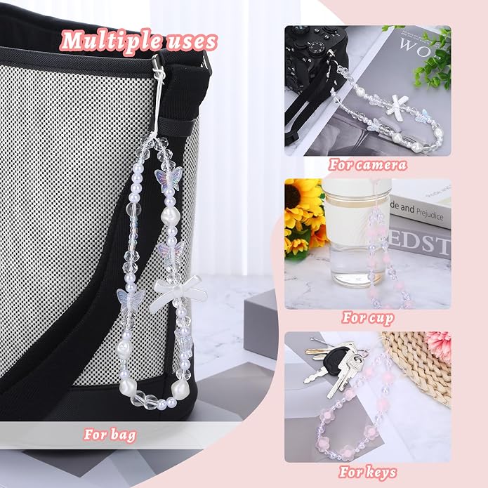 Pink Beaded Phone Wrist Straps, Y2K Phone Case Charms Camera Charm Strap