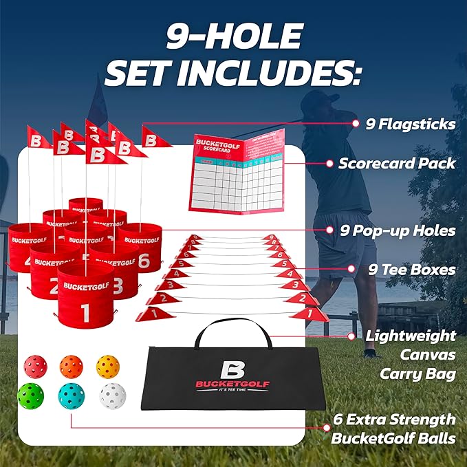 bucketgolf Game Pro The Original Ultimate Backyard Golf Game for Family, Adults and Kids - Portable 9 Hole Golf Course Play Outdoor, Lawn, Park, Beach, Yard