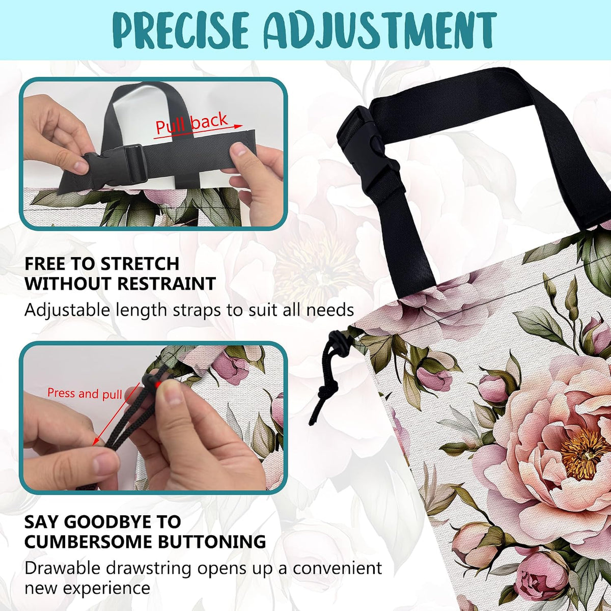 Car Trash Bag Pink Peonies and Green Leaves Leak-Proof Car Garbage Bag with Drawstring Foldable Canvas Trash Bin with Adjustable Buckle for Car Accessories