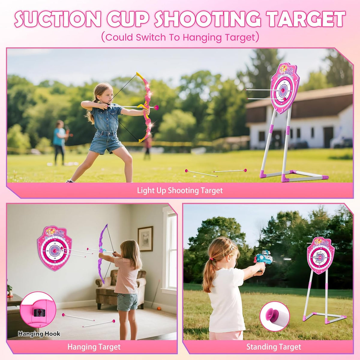 VATOS Bow and Arrow Toy Set - 4-in-1 Archery & Dart Game with LED Light, 20 Suction Cup Arrows & Mermaid Target | Indoor/Outdoor Gift for Kids Ages 5-12