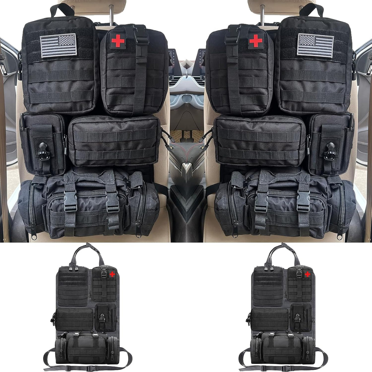 7 PACK Tactical Seat back organizer Truck organizer With 6 Detachable Pouches Universal For Car Truck Ford Jeep Military-Grade Heavier Panels With Multi-functional Packs (2 Set Black)