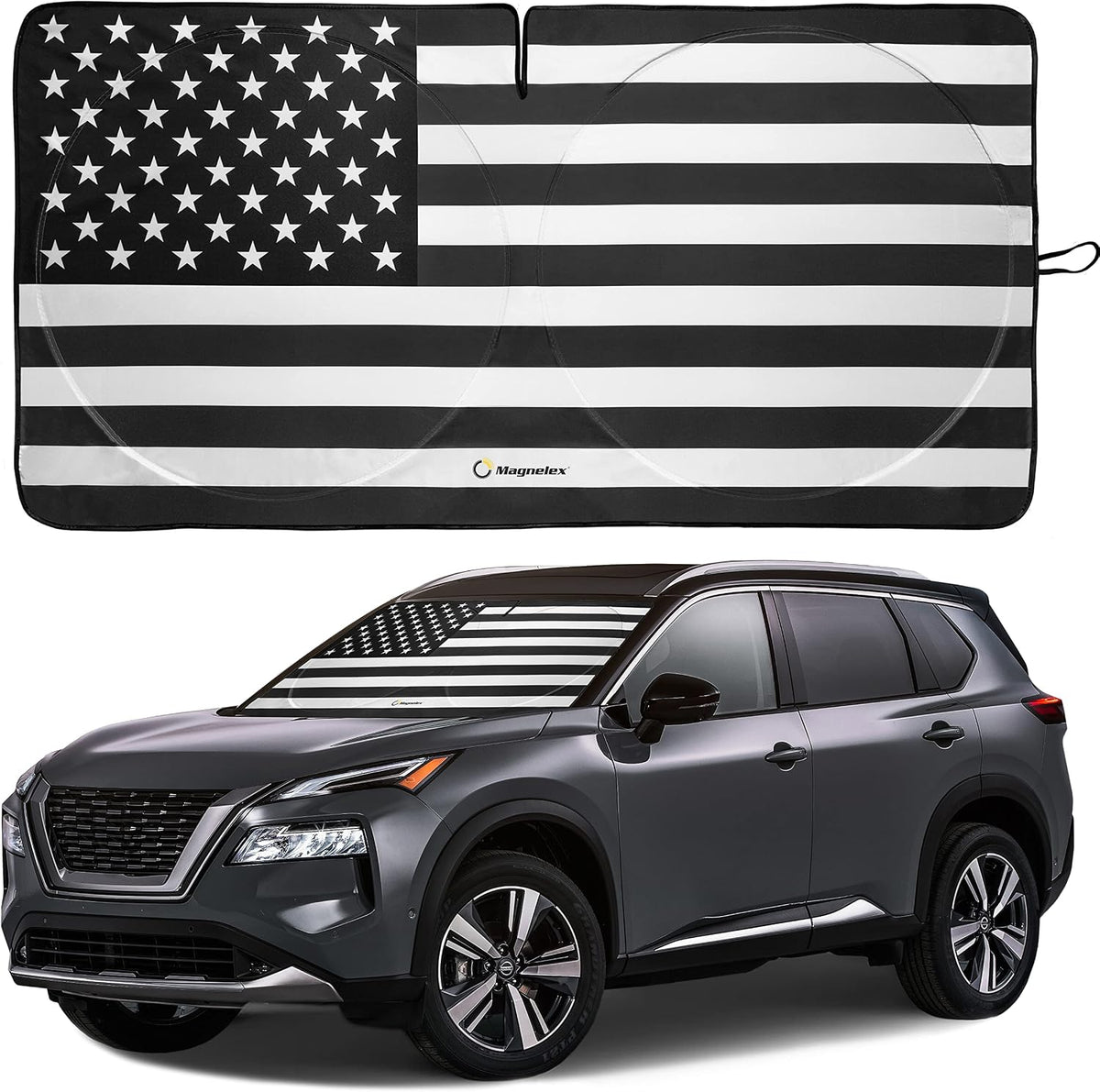 American Flag Windshield Sun Shade, High-Resolution Car Shield with Mirror Cut-Out for Automotive Interior Protection Heat Reduction, Folding Sunshade Storage Bag - Medium, Original