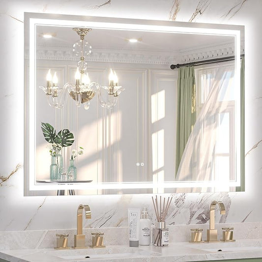 Keonjinn 50" x 36" Bathroom LED Mirror, Front & Back Lighted Mirror for Bathroom Wall, Tempered Glass, Safe Defogger, 3 Color Temperature, Dimmable, Memory Function, Light Up Vanity Mirror