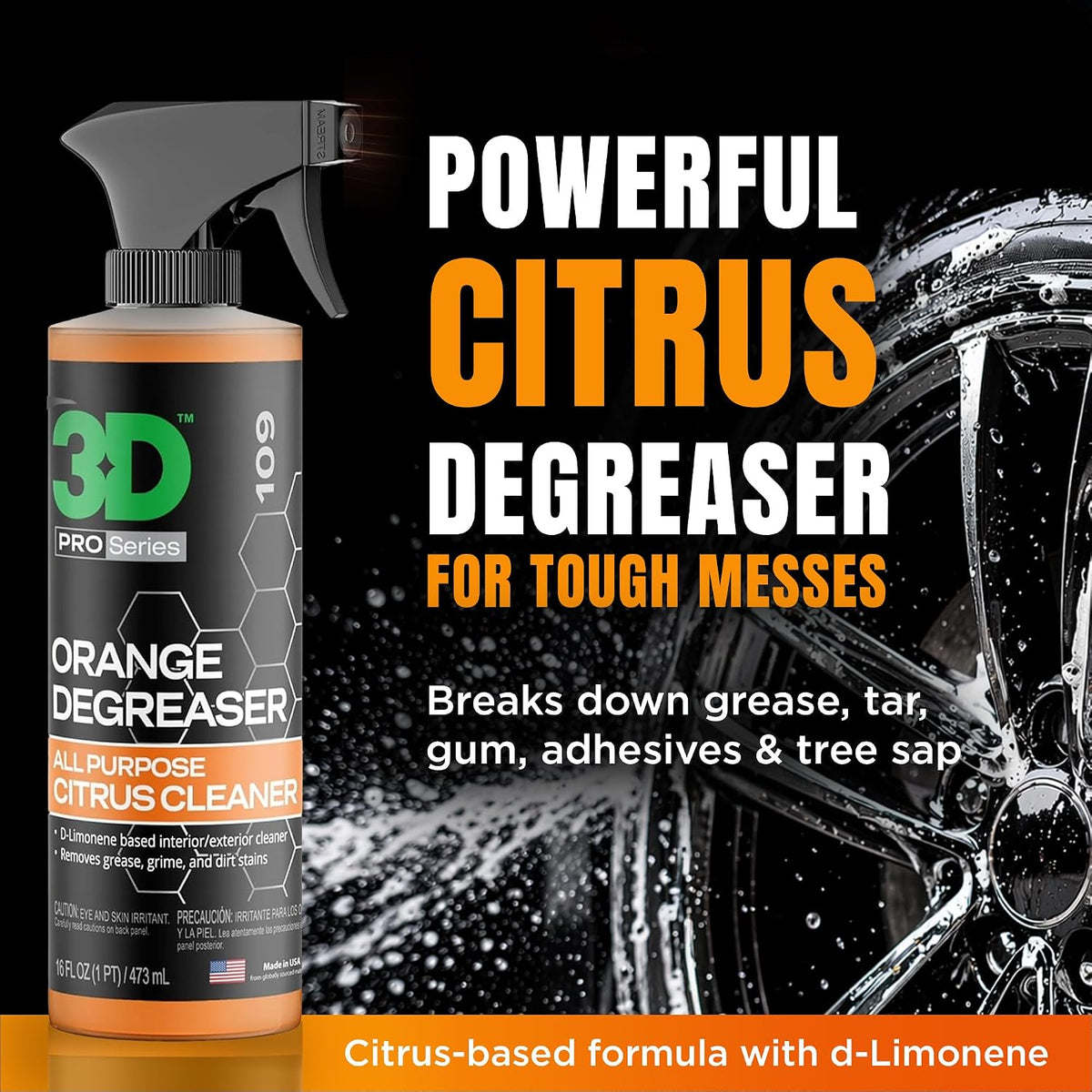 3D Orange Degreaser – Citrus-Based Car Cleaner for Oil, Grease, Grime & Adhesives – Water-Based, Non-Corrosive, Eco-Friendly, Interior & Exterior Use - 16 Fl oz